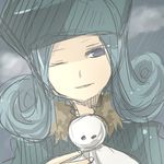  aqua_hair bad_id bad_pixiv_id curly_hair fairy_tail fur_hat fur_trim grey_eyes hat juvia_lockser mari_audio one_eye_closed rain sketch smile solo teruterubouzu 