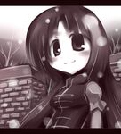  blush brick_wall chibi chinese_clothes hong_meiling letterboxed long_hair monochrome no_hat no_headwear regls smile snowing solo touhou tree winter 