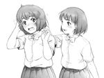  aiba-tsukiko blush bow bowtie dress_shirt flying_sweatdrops greyscale hair_tousle monochrome multiple_girls open_mouth original school_uniform shirt short_hair skirt 