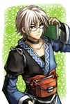  bad_id bad_pixiv_id book choker glasses green_eyes japanese_clothes male_focus morichika_rinnosuke sigina silver_hair solo touhou 