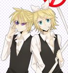  1girl bad_id bad_pixiv_id blonde_hair cigarette cosplay durarara!! hair_ornament hair_ribbon hairclip heiwajima_shizuo heiwajima_shizuo_(cosplay) kagamine_len kagamine_rin one_eye_closed ribbon road_sign short_hair siblings sign smile smoking sunglasses tooru_(jux) tuxedo twins vocaloid 