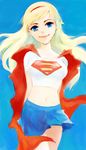  babydoll_t-shirt blonde_hair blue_eyes cape crop_top dc_comics hairband long_hair midriff miniskirt navel skirt smile solo supergirl superman_(series) totoya_(hakarame) 