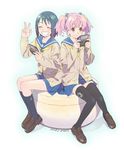  brown_eyes cardigan closed_eyes green_hair grin handheld_game_console kneehighs legs md5_mismatch multiple_girls original pink_hair playing_games playstation_portable psp_go school_uniform serafuku shiwasu_takashi short_hair skirt smile socks thighhighs twintails v zettai_ryouiki 