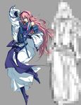  absurdres armor bad_id bad_pixiv_id censored cosplay fake_censor fingerless_gloves gloves highres japanese_armor kamui_gakupo kamui_gakupo_(cosplay) katana kisekiguiji long_hair megurine_luka pink_hair samurai sheath shoulder_armor sode solo sword unsheathing vocaloid weapon 