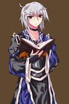  alphes_(style) book brown_eyes choker glasses grey_hair japanese_clothes male_focus morichika_rinnosuke ni_(ippozenshin) parody simple_background solo style_parody touhou 