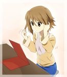  alternate_hairstyle brown_eyes brown_hair casual face hair_down hair_tousle ikari_manatsu k-on! mirror short_hair sitting solo stool table tainaka_ritsu 