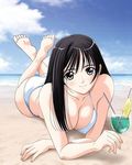  1girl barefoot beach bikini black_hair blush breasts cleavage cloud drink erect_nipples feet female grey_eyes jpeg_artifacts legs_up lying on_stomach outdoors sky smile soles solo swimsuit taka_tony tanaka_takayuki white_bikini white_swimsuit 