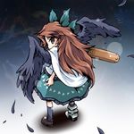  asymmetrical_clothes black_wings bow brown_eyes brown_hair feathers hair_bow ham_(points) looking_back mismatched_footwear reiuji_utsuho solo touhou wings 