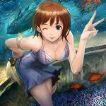 :p aquarium bad_id bad_pixiv_id bare_shoulders bent_over breasts brown_hair cleavage downblouse dress fish foreshortening hand_on_hip hands large_breasts leaning_forward one_eye_closed original shijima_(tanfn) short_dress short_hair solo tongue tongue_out v 