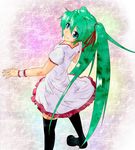  bad_id bad_pixiv_id blue_eyes green_hair hatsune_miku highres long_hair looking_back skirt solo thighhighs twintails vocaloid wristband yuchi 