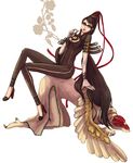  affinity_(bayonetta) all_fours amulet arm_support bad_id bad_pixiv_id bayonetta bayonetta_(character) bodysuit breasts candy cleavage cleavage_cutout crossed_legs earrings elbow_gloves flower food glasses gloves hair_bun hair_ribbon high_heels highres human_chair human_furniture jewelry lollipop long_hair medium_breasts mole mole_under_mouth plant ribbon shoes simple_background sitting sitting_on_person very_long_hair wings yperit212 