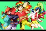  2boys backwards_hat bike_shorts crystal_(pokemon) cue_stick feraligatr gen_2_pokemon genjuu_hirata gold_(pokemon) hat holding holding_poke_ball meganium multiple_boys poke_ball pokemon pokemon_(creature) pokemon_(game) pokemon_gsc pokemon_special silver_(pokemon) twintails typhlosion 