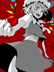  ann606 flandre_scarlet foreshortening from_below hands hat laevatein looking_down midriff navel open_mouth partially_colored red_background red_eyes short_hair solo spot_color tegaki touhou wings 