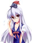  absurdres adjusting_eyewear bad_id bad_pixiv_id ban_(bannyata) bespectacled breasts glasses grey_hair hat highres kamishirasawa_keine long_hair medium_breasts red_eyes solo sweatdrop touhou 