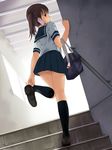  ass bag black_legwear brown_eyes brown_hair cellphone full_body kneehighs legs looking_back munakata_(hisahige) original phone pleated_skirt putting_on_shoes school_uniform serafuku skirt socks solo stairs twintails 