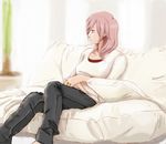  bad_id bad_pixiv_id blue_eyes casual couch denim final_fantasy final_fantasy_xiii jeans jewelry lightning_farron long_hair mori_(honeycherry310) pants pink_hair ring sitting solo 