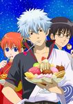  2boys bad_id bad_pixiv_id black_hair blue_eyes brown_eyes curly_hair eating gintama glasses hair_bun kagura_(gintama) multiple_boys parfait red_hair sakata_gintoki shimura_shinpachi short_hair white_hair zero_q 