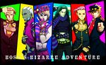  abs arms_up belt blonde_hair blue_eyes brown_eyes chest column_lineup cosplay covering_face dark_skin dark_skinned_male dio_brando enrico_pucci fingerless_gloves giorno_giovanna giorno_giovanna_(cosplay) gloves green_hair hat higashikata_jousuke higashikata_jousuke_(cosplay) honchu horns jojo_no_kimyou_na_bouken jojo_pose jonathan_joestar jonathan_joestar_(cosplay) joseph_joestar_(young) joseph_joestar_(young)_(cosplay) kars_(jojo) kira_yoshikage kuujou_jolyne kuujou_jolyne_(cosplay) kuujou_joutarou kuujou_joutarou_(cosplay) long_hair male_focus midriff multiple_boys pink_eyes pink_hair pointing pose red_eyes scarf striped striped_scarf sweatdrop vinegar_doppio white_hair 