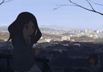  cityscape jacket jitsu_hidari landscape long_hair mountain multiple_girls original railing silhouette sky 