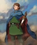  beard belt boots cape circlet dust facial_hair gloves hand_on_hip holster kaze_no_tani_no_nausicaa kouto29 kurotowa male_focus mustache sheath smirk solo standing sword weapon 