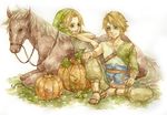  artist_request blonde_hair blue_eyes dual_persona earrings epona hat horse jewelry link male_focus multiple_boys pointy_ears pumpkin smile the_legend_of_zelda young_link 