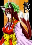  alternate_hair_length alternate_hairstyle animal_ears brown_eyes brown_hair cat_ears cat_tail chen earrings hat itsuku jewelry long_hair multiple_tails older solo tail touhou 