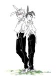  :&lt; animal_ears artist_request blue_eyes bunny_ears hand_in_pocket ikari_shinji male_focus monochrome multiple_boys nagisa_kaworu neon_genesis_evangelion red_eyes simple_background smile spot_color standing tail tail_wagging white_background 