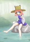  barefoot blonde_hair blue_eyes feet frog hat highres moriya_suwako neru_fia pose rock short_hair sitting sitting_on_rock smile soaking_feet solo touhou water 