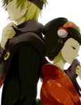  1girl back-to-back black_hair blonde_hair blue_eyes closed_eyes closed_mouth eyelashes flower from_side hair_flower hair_ornament half-closed_eyes headband height_difference hetero holding japanese_clothes kimono kimono_girl_(pokemon) lipstick long_sleeves makeup matsuba_(pokemon) muu1519 poke_ball poke_ball_hair_ornament pokemon pokemon_(game) pokemon_hgss profile red_kimono simple_background updo white_background 