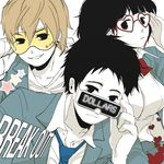  2boys bad_id bad_pixiv_id black_eyes black_hair blonde_hair durarara!! earrings fancy_glasses glasses heart heart-shaped_eyewear jewelry kida_masaomi max_(pixiv1609389) multiple_boys necktie ryuugamine_mikado school_uniform sonohara_anri star sunglasses 