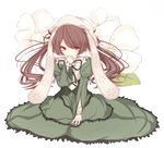  alternate_hairstyle bad_id bad_pixiv_id brown_hair covering_mouth dress flower hand_over_own_mouth long_hair meet_neet red_eyes ribbon rozen_maiden sitting solo suiseiseki wariza 