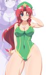  blue_eyes blush braid breasts cleavage curvy hat hong_meiling kihaiu long_hair medium_breasts one_eye_closed red_hair solo starman_(mario) swimsuit thick_thighs thighs touhou twin_braids wide_hips zoom_layer 