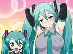  animated animated_gif aqua_eyes aqua_hair armpits arms_up between_breasts blush bouncing_breasts breasts chibi clothes_between_breasts detached_sleeves growth hatsune_miku headset imagining large_breasts long_hair mameshiba necktie smile sparkle twintails vocaloid 