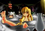  animal_ears barefoot blonde_hair feet horns ibuki_suika inubashiri_momiji long_hair multiple_girls onsen pagoda red_eyes short_hair silver_hair soles stone_lantern toes touhou u.s.m.c wolf_ears yellow_eyes 