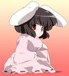  animal_ears black_hair bunny_ears from_behind gradient gradient_background inaba_tewi leg_hug looking_back oka_(bananashoe) red_eyes short_hair sitting solo touhou 