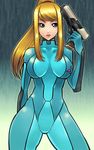  blonde_hair blue_eyes bodysuit gun lips long_hair metroid nek ponytail samus_aran solo weapon zero_suit 