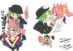  animal_ears arc_system_works bell blazblue boh_(pixiv422546) candy cat_ears eyes_closed female glasses green_hair hat hazama kokonoe lollipop long_hair male pants pink_hair ponytail short_hair sitting 