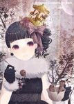  black_hair bow cup earrings gloves hair_bow hair_ornament jewelry mirusa original purple_eyes side_ponytail solo 