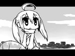  ahoge chan_co cityscape greyscale hatsune_miku letterboxed long_hair monochrome solo twintails upper_body vocaloid 