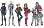  5boys biker_clothes bikesuit blonde_hair boots bruno_(yuu-gi-ou_5d's) crow_hogan fudou_yuusei gloves helmet izayoi_aki jack_atlas jacket lua luca_(yuu-gi-ou) machch multiple_boys multiple_girls red_hair yuu-gi-ou yuu-gi-ou_5d's 