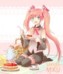  alternate_color bad_id bad_pixiv_id black_footwear boots bow bowtie cherry_blossoms cup detached_sleeves food fork fruit green_eyes hatsune_miku long_hair object_namesake picnic_basket pie pink_hair riri_(artist) sakura_miku seiza sitting skirt solo strawberry tea teacup teapot thighhighs twintails vocaloid 