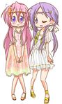  dress hiiragi_kagami hippie korekiyo_(zakuro) lucky_star multiple_girls one_eye_closed purple_hair sandals takara_miyuki 