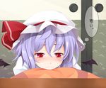  bat_wings blush frown hat kotatsu lavender_hair ogami_kazuki pillow red_eyes remilia_scarlet sad sayagata short_hair slit_pupils solo table touhou translated wings 