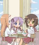  blue_eyes brown_hair chopsticks classroom desk eating fang food frown hair_ribbon hairband hiiragi_kagami indoors kusakabe_misao long_hair lucky_star minegishi_ayano multiple_girls obentou open_mouth orange_hair pleated_skirt purple_hair ribbon roku_no_hito ryouou_school_uniform school_desk school_uniform serafuku short_hair skirt smile tareme tsurime twintails yellow_eyes 