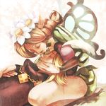  1girl blonde_hair braid chain closed_eyes fairy flower hair_flower hair_ornament hand_on_another's_face hat hat_feather ingway_(odin_sphere) lap_pillow lying mercedes odin_sphere pointy_ears tamachi_kuwa wings 