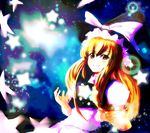  bad_id bad_pixiv_id blonde_hair danmaku foro_(planet_cage) hat hat_ribbon kirisame_marisa long_hair orange_eyes ribbon solo space star touhou witch_hat 