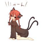  all_fours animal_ears barefoot bow braid canaca cat_ears cat_tail dress extra_ears fang hair_bow kaenbyou_rin kneeling multiple_tails open_mouth paw_pose red_eyes red_hair solo tail touhou twin_braids twintails 