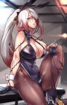  animal_ears asmodeus_(megido72) ass bare_shoulders black_gloves black_legwear bow bowtie breasts bunny_ears cleavage covered_navel gloves hair_over_one_eye half_gloves high_heels highres hijiri large_breasts leotard long_hair looking_at_viewer megido72 pantyhose parted_lips ponytail red_eyes red_hair silver_hair simple_background sleeveless solo very_long_hair wrist_cuffs 