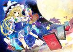  bamboo_broom bloomers book bow braid broom broom_riding dress full_moon hair_bow hat kirisame_marisa moon nanamomo_rio sitting solo star test_tube touhou underwear witch_hat wrist_cuffs 