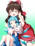  :d ;d ^_^ bangs bare_shoulders black_hair blue_dress blue_eyes blue_hair bow cirno closed_eyes collared_shirt commentary_request detached_sleeves dress fairy_wings frilled_bow frilled_shirt_collar frills gradient gradient_background green_background hair_bow hair_tubes hakurei_reimu hand_on_another's_head head_on_head highres hug hug_from_behind ice ice_wings medium_hair multiple_girls nontraditional_miko one_eye_closed open_mouth petticoat red_bow red_ribbon red_shirt red_skirt ribbon ribbon-trimmed_sleeves ribbon_trim ruu_(tksymkw) shirt short_hair short_sleeves sidelocks skirt skirt_set sleeveless sleeveless_shirt smile tears touhou white_legwear white_shirt wide_sleeves wings 